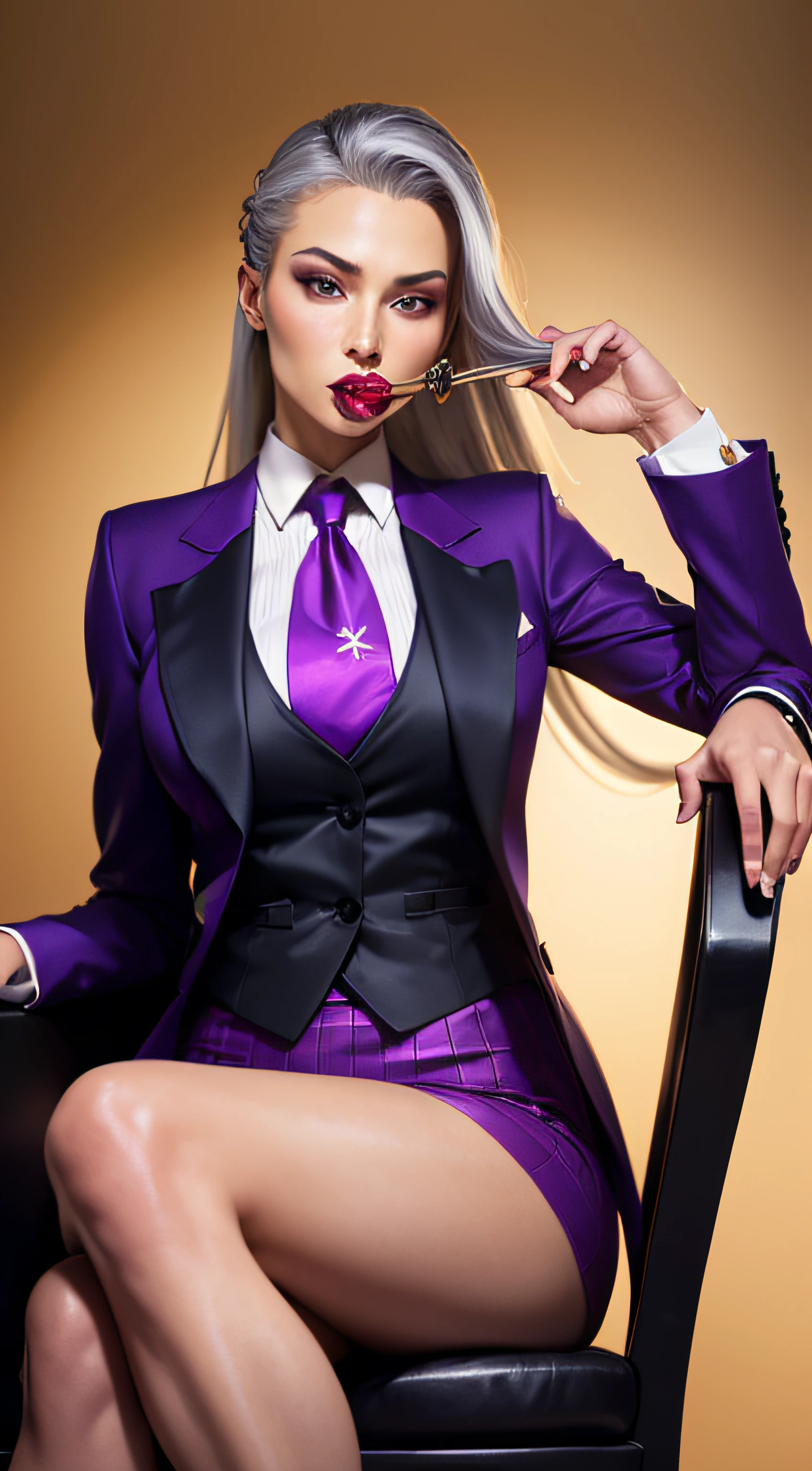 1 woman, SFW, perfect lighting, seios grandes,
gray hair
Sindel's Hair
long hair pulled back
Long, straight hair back
multicolored hair,
Sindel, 8k, perfect hands,((obra-prima)), purple skirt suit, satin suit and tie, (((three-piece suit))), silk dress shirt, shirt and tie, silk floral necktie, ((blazer)), ((suit jacket)), open jacket, ((waistcoat)), bodycon miniskirt, tights, pocket square, tie clip, | |
microvestido, MILF, sitting on throne, queen, empress, crossed legs, high class, blowjob, fellatio, facefuck, dick sucking, penis in mouth