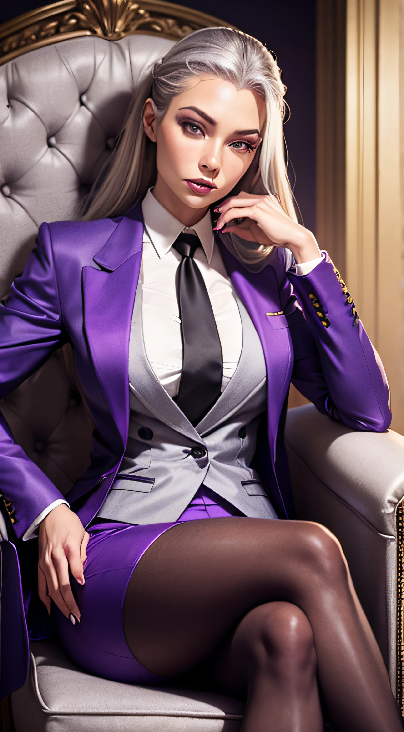 1 woman, SFW, perfect lighting, seios grandes,
gray hair
Sindel's Hair
long hair pulled back
Long, straight hair back
multicolored hair,
Sindel, 8k, perfect hands,((obra-prima)), purple skirt suit, satin suit and tie, (((three-piece suit))), silk dress shirt, shirt and tie, silk floral necktie, ((blazer)), ((suit jacket)), open jacket, ((waistcoat)), bodycon miniskirt, tights, pocket square, tie clip, | |
microvestido, MILF, sitting on throne, queen, empress, crossed legs, high class,