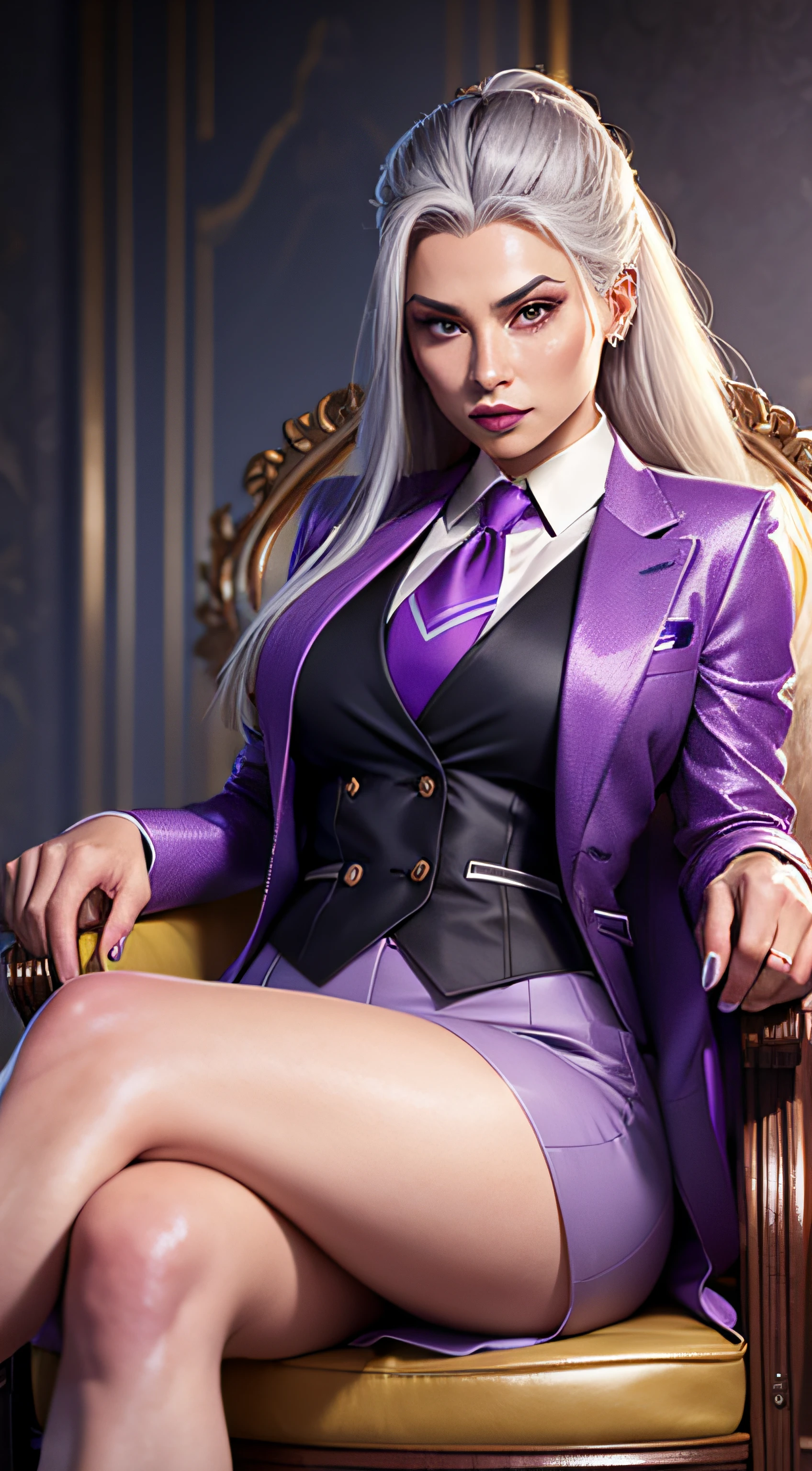 1 woman, SFW, perfect lighting, seios grandes,
gray hair
Sindel's Hair
long hair pulled back
Long, straight hair back
multicolored hair,
Sindel, 8k, perfect hands,((obra-prima)), purple skirt suit, satin suit and tie, (((three-piece suit))), silk dress shirt, shirt and tie, silk floral necktie, ((blazer)), ((suit jacket)), open jacket, ((waistcoat)), bodycon miniskirt, tights, pocket square, tie clip, | |
microvestido, MILF, sitting on throne, queen, empress, crossed legs, high class,