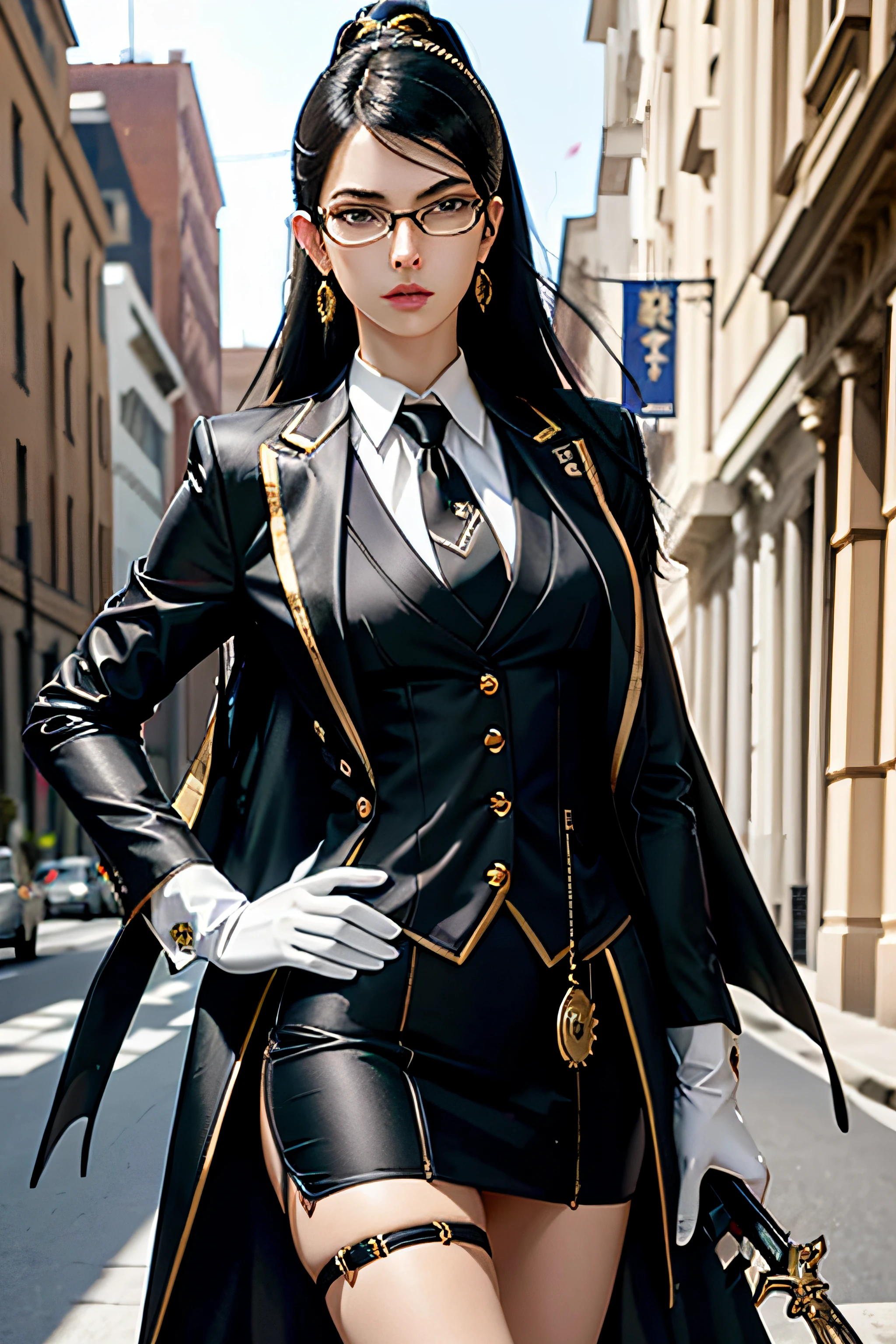 (masterpiece, best quality)
Bayonetta,1girl, solo, long hair, gloves, jewelry, weapon, earrings, glasses, sword, white gloves, black hair, lips, skirt suit, satin suit and tie, (((three-piece suit))), silk dress shirt, shirt and tie, silk floral necktie, ((blazer)), ((suit jacket)), open jacket, ((waistcoat)), bodycon miniskirt, tights, pocket square, tie clip, realistic,