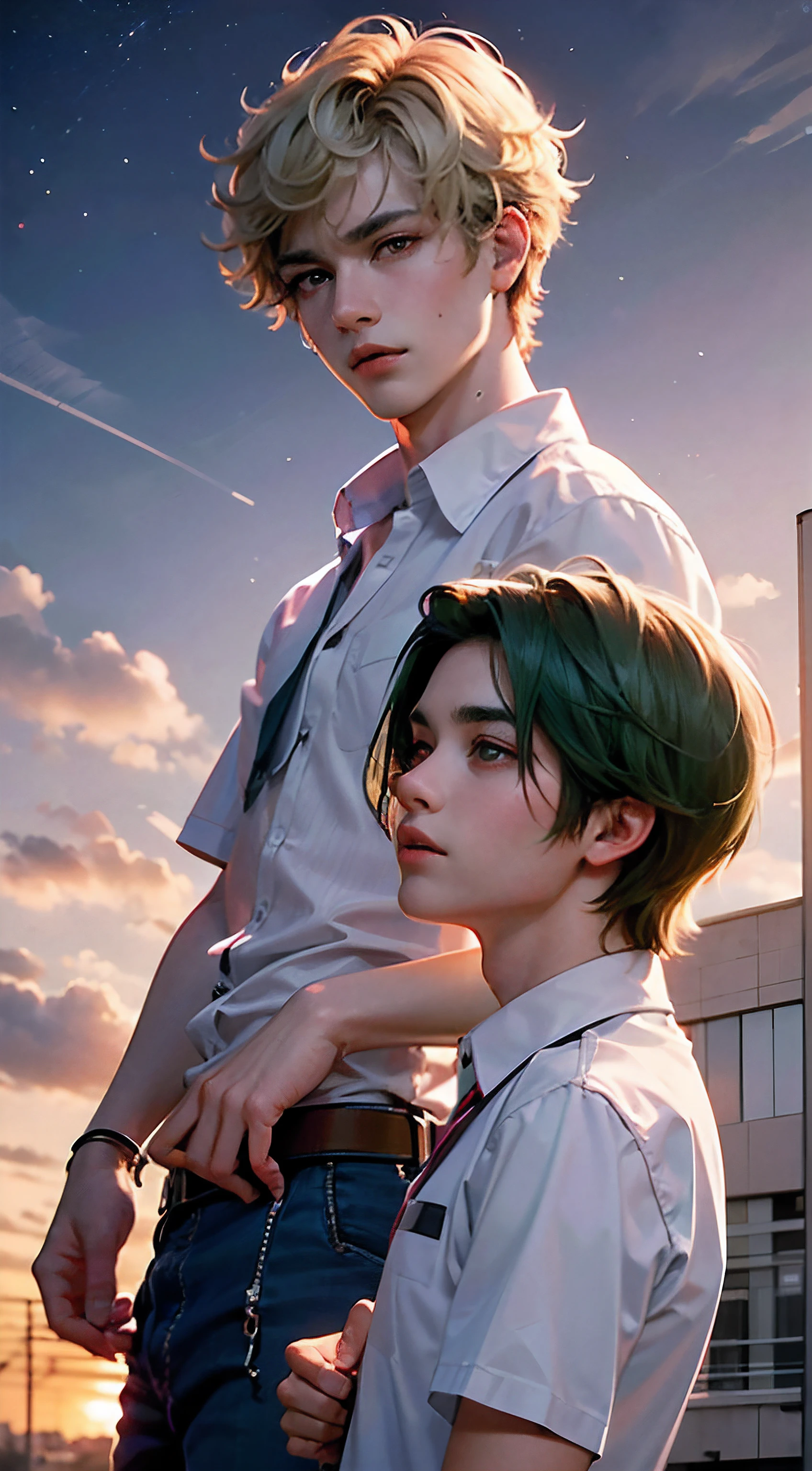 They are two young men standing next to each other in front of a building -  SeaArt AI