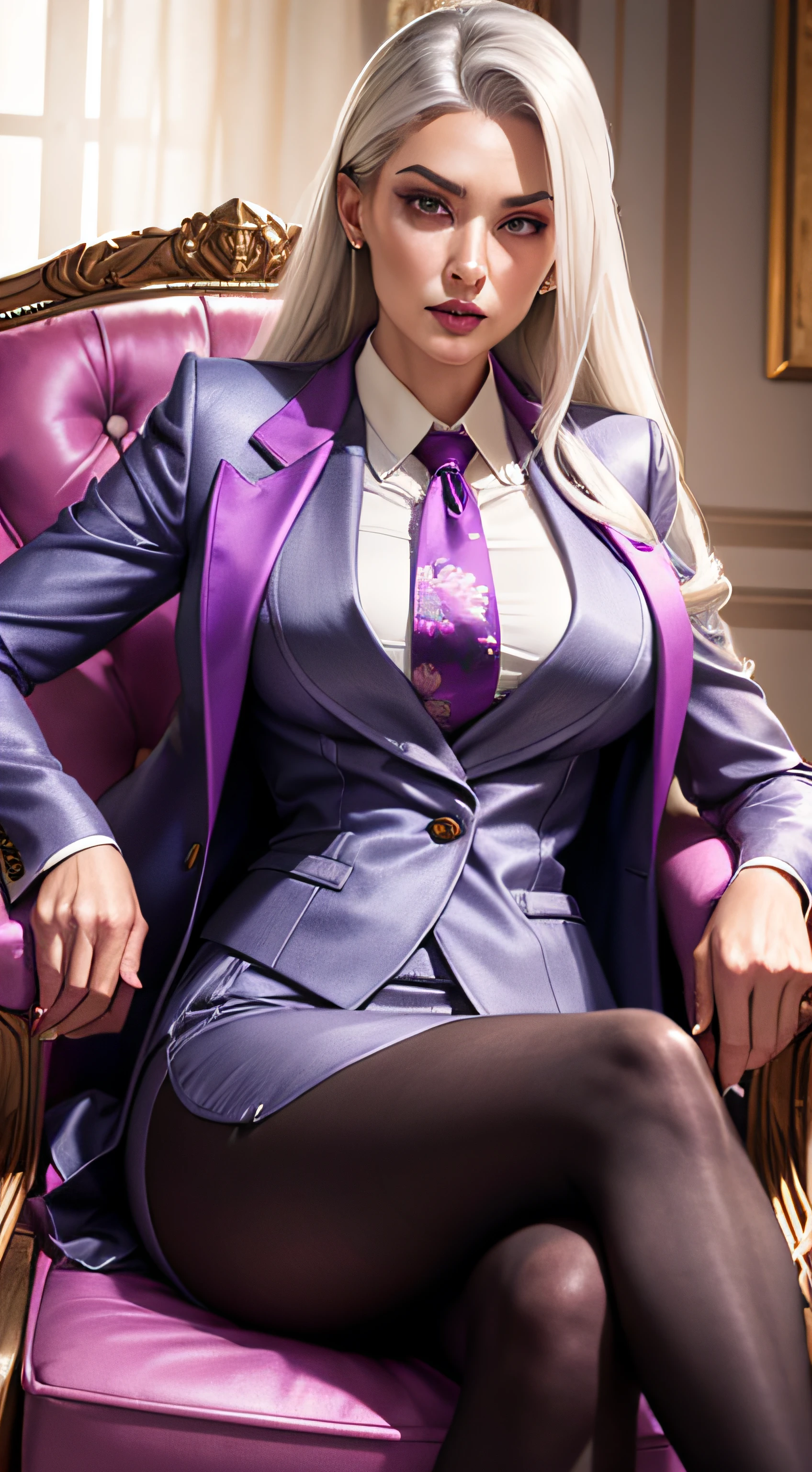 1 woman, SFW, perfect lighting, seios grandes,
gray hair
Sindel's Hair
long hair pulled back
Long, straight hair back
multicolored hair,
Sindel, 8k, perfect hands,((obra-prima)), purple skirt suit, satin suit and tie, (((three-piece suit))), silk dress shirt, shirt and tie, silk floral necktie, ((floral blazer)), ((suit jacket)), open jacket, ((waistcoat)), bodycon miniskirt, tights, pocket square, tie clip, | |
microvestido, MILF, sitting on throne, queen, empress, crossed legs, high class, sneer, disgust, holding wine glass