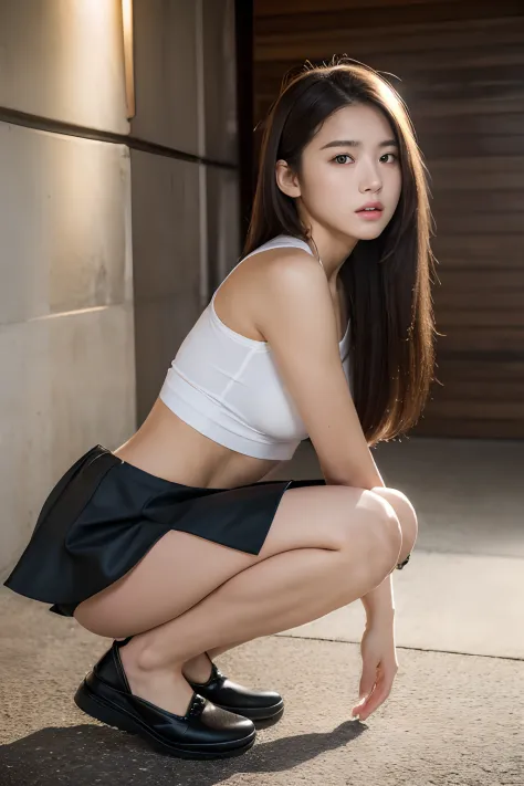 Best Quality, masuter piece, 超A high resolution, (Photorealistic:1.4), Raw photo, Professional Lighting, high-level image quality, high-detail, ​masterpiece、fitness、a 18 year old girl、squatting、a miniskirt、Staring at the viewer、You are seducing your audien...