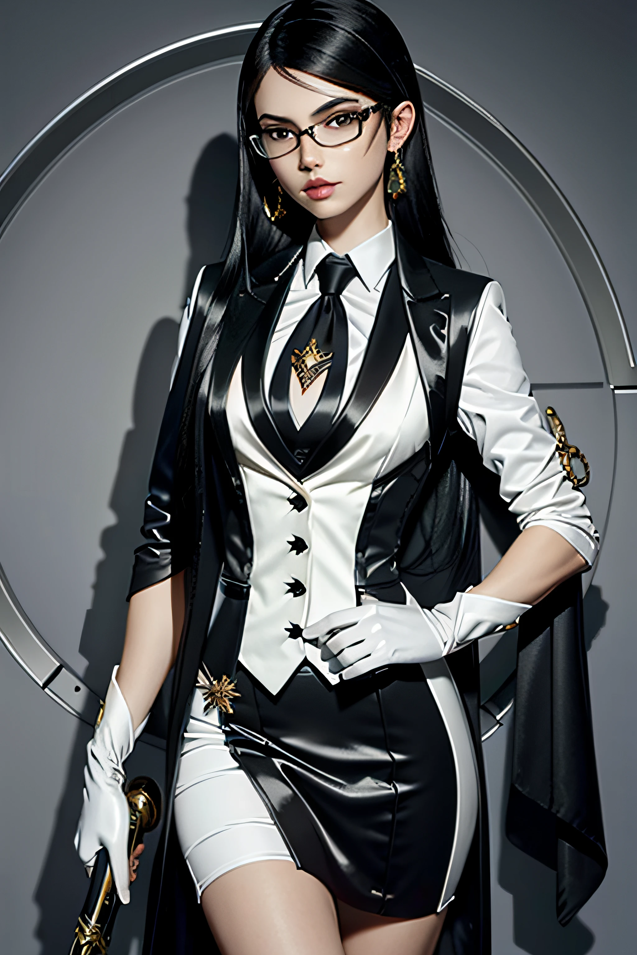 (masterpiece, best quality)
Bayonetta,1girl, solo, long hair, gloves, jewelry, weapon, earrings, glasses, sword, white gloves, black hair, lips, skirt suit, satin suit and tie, (((three-piece suit))), silk dress shirt, shirt and tie, silk floral necktie, ((blazer)), ((suit jacket)), open jacket, ((waistcoat)), bodycon miniskirt, tights, pocket square, tie clip, realistic,