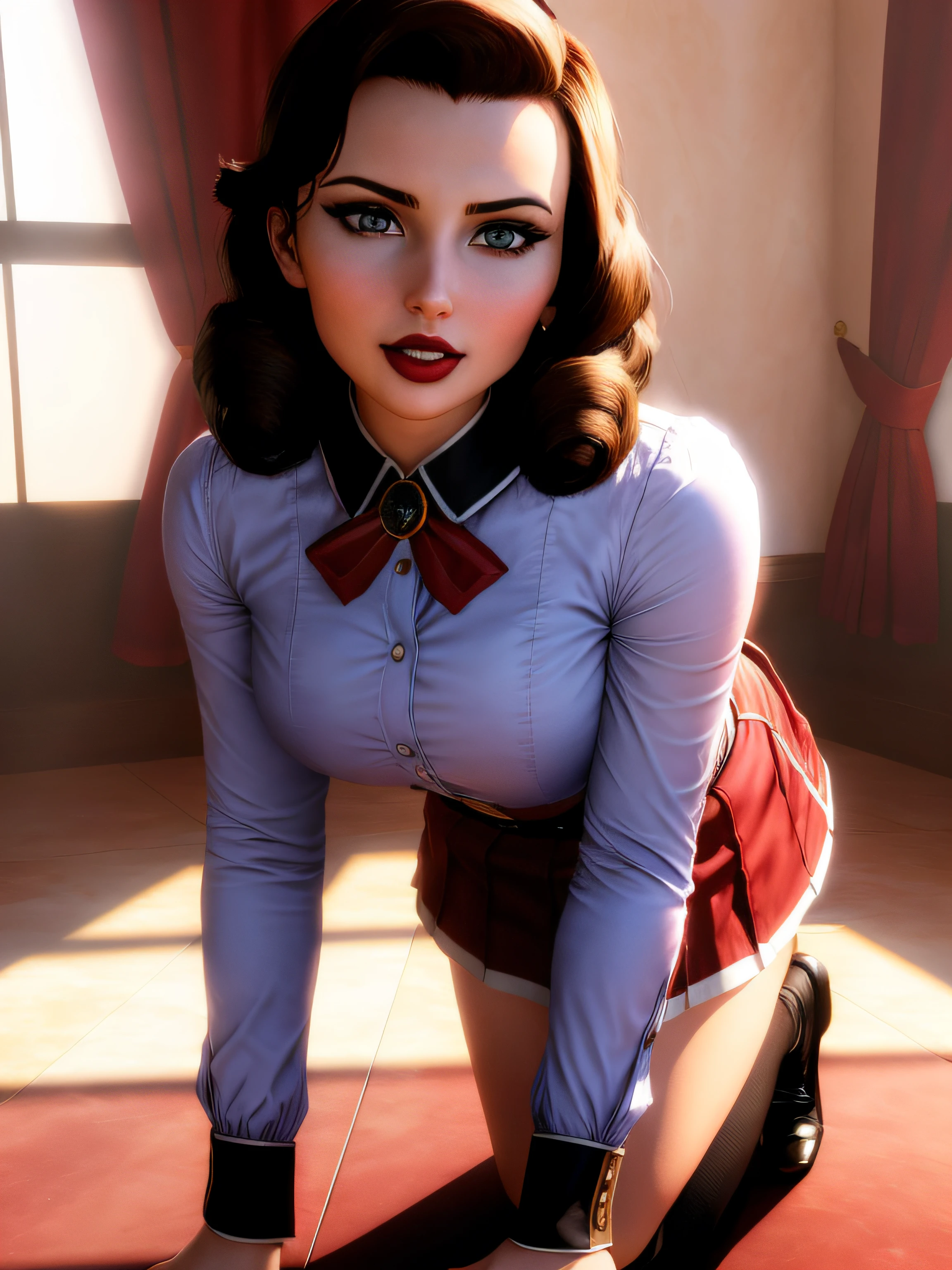 Elizabeth comstock, (heroine uniform: 2), serious look, epic pose, heroic, red lipstick, (8k, RAW photo, best quality, masterpiece:1.2),ultra-detailed, (high detailed skin:1.2), 8k uhd, dslr, soft lighting, high quality, upskirt, (down on all fours: 2), (aroused: 2), (lifting her skirt: 2), (kneeling: 1.2), (: 2.5), biting lip, moaning