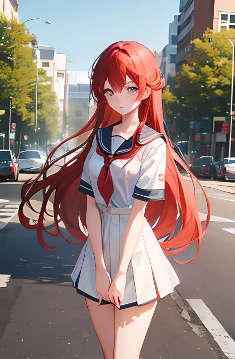 an anime girl, long red hair, school uniform, in front of school, looking at wiever