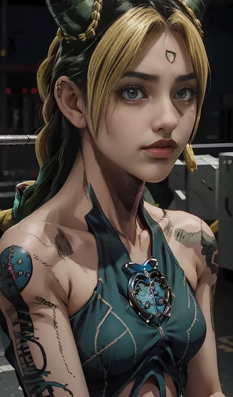 Jolyne Cujoh, cinematographic, 8K, realistic, dressed, tattoos, best quality, ultra-detailed, portrait, vibrant colors, cinematic lighting