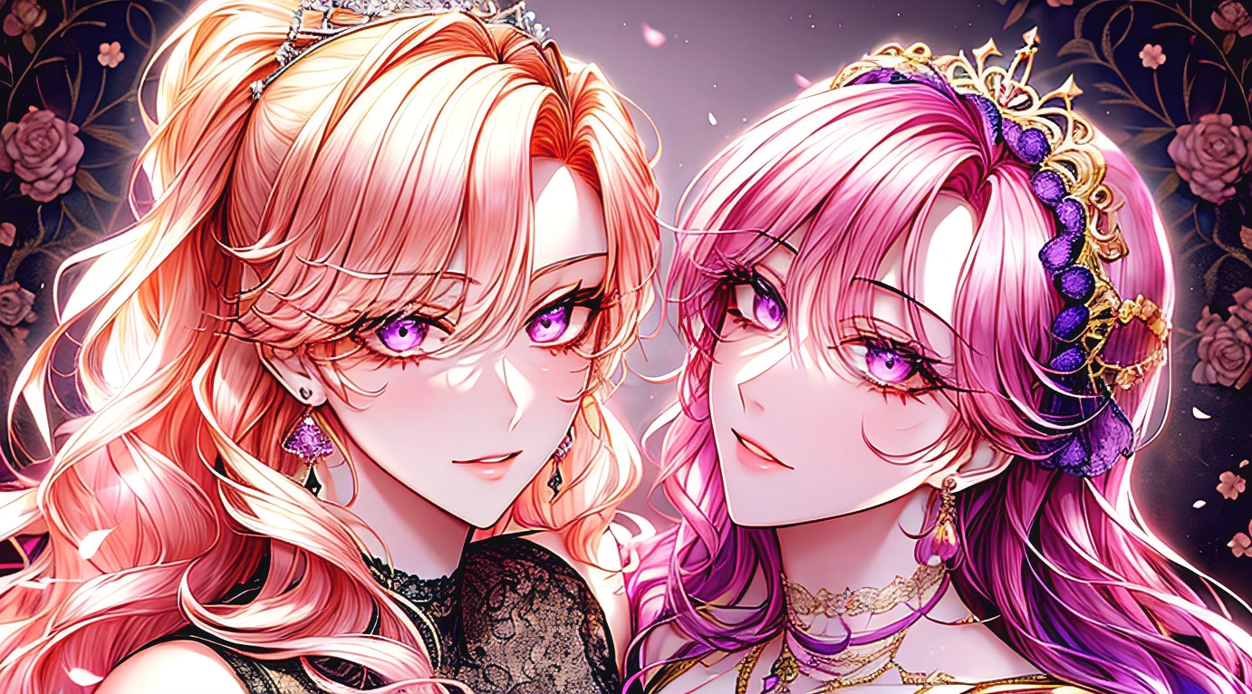 Kuroume_1024, ((shoujo-style, floral background, romance manhwa)), (close up), (2girls aligned:1.2), couple, pink hair, platinum-blonde hair, solo, long hair, flower, dress, thick eyeblows, flower, straight hair, blaid, closed mouth, collarbone, breast, (cleavage), puffy sleeves, white dress, purple dress, elbow gloves, earrings, necklace, (tiara), jewelry, golden, lace trimmed, bow, face focus, teasing, beautiful face, detailed eyes, detailed pupil, looking at viewer, all intricate