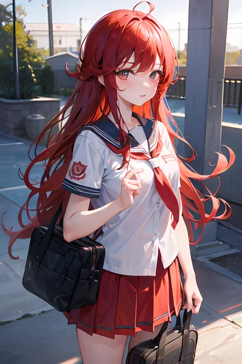 an anime girl, long red hair, school uniform, in front of school, looking at wiever, 8k, nsfw