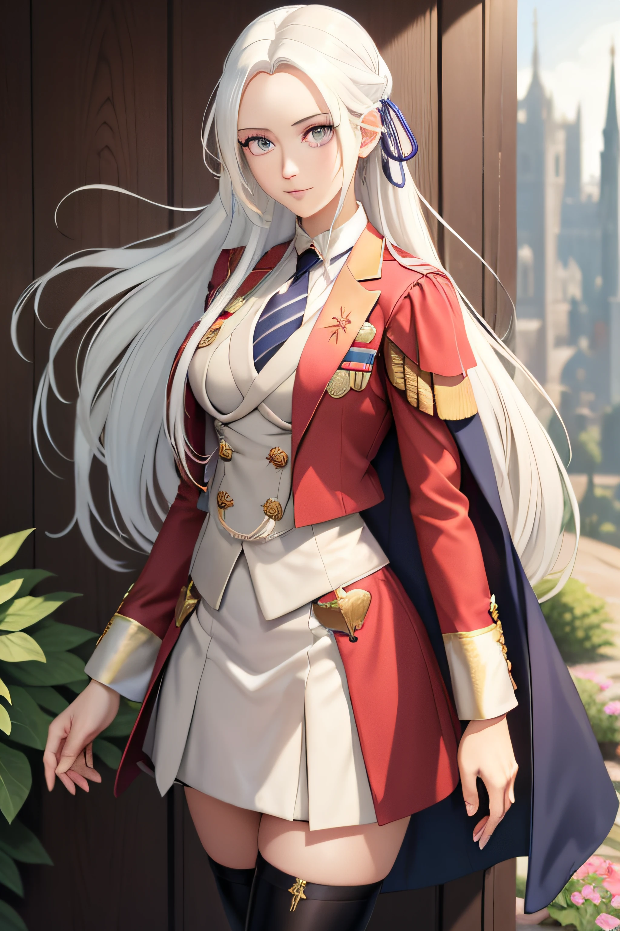 obra de arte, melhor qualidade, edelgard_Academia, fita de cabelo, terno de saia, (((terno de três peças))), gravata, blazer, paletó, colete, saia bodycon, luvas brancas, tronco, Retrato, de pé, Olhando para o visualizador, sobrancelha franzida, sorriso, Braços cruzados,  jardim