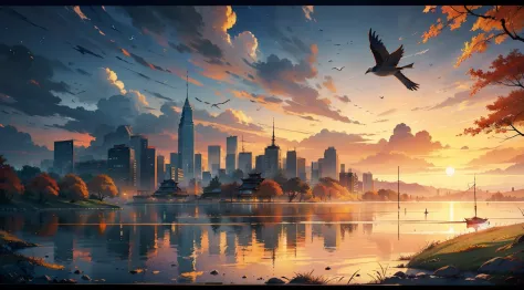 Autumn sunsets are breathtakingly beautiful(Sunset landscape painting)，((The view is a huge sunset over the skyline))，(Connected...