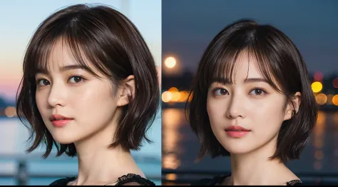 41
(Airy wavy short bob cut:1.23), (a 25yo woman), (A hyper-realistic), (Masterpiece), (8KUHD), Being in the harbor at night, medium chest