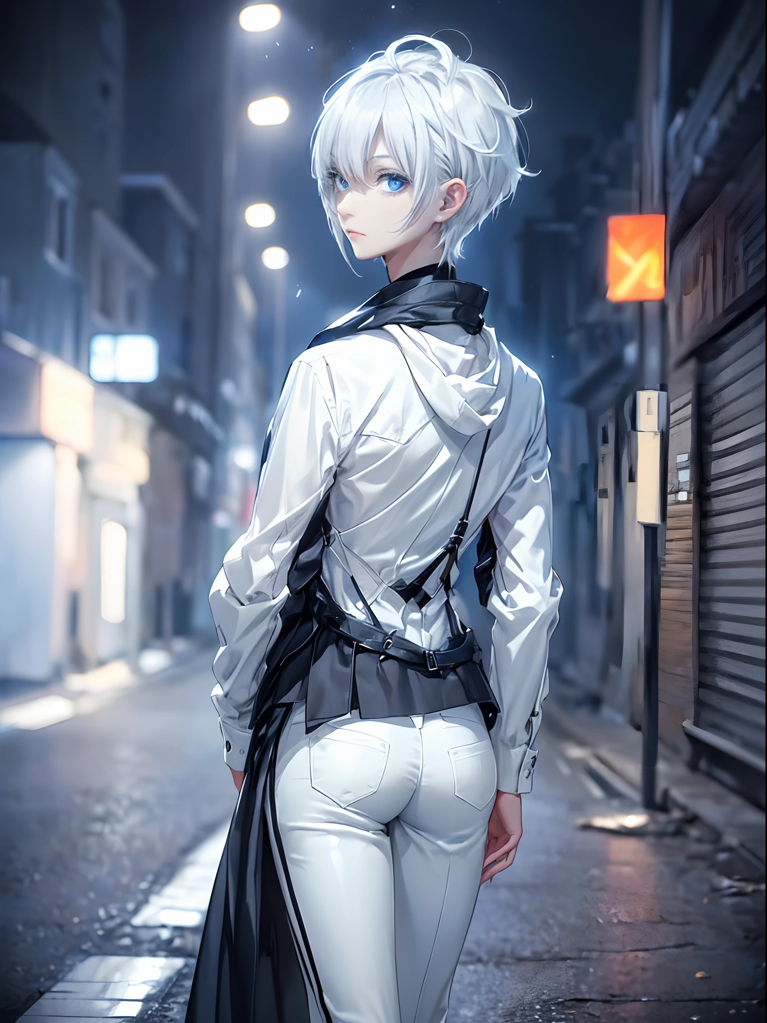 ((4K works))、​masterpiece、(top-quality)、One Beautiful Girl、Slim body、tall、((Black Y-shirt and white pants、Charming street style))、Please wear one jacket、Wearing a hood to hide his face、(Detailed beautiful eyes)、Midnight Walk、During the walk、((Walking under a dark sky))、saddened、suffocating、desolate、Solitude、((Pitch black night road))、((Face similar to Carly Rae Jepsen))、((Short-haired white hair))、((Smaller face))、((Neutral face))、((Bright blue eyes))、((American adult women))、((Adult female 26 years old))、((cool lady))、((Like a celebrity))、((Korean Makeup))、((elongated and sharp eyes))、((Happy dating))、((boyish))、Professional Photos、((Shot alone))、((He is on a walk))、((He is walking in front of the viewer))、((Shot so that the back of the head and back are visible))、((photographed from the back))、((He is facing forward and、I can't see my face))、horor