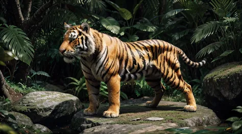 A majestic tiger is depicted in a tranquil environment, surrounded by lush vegetation and dappled sunlight filtering through the dense jungle canopy. The tiger's striped fur glistens with a sheen under the gentle rays, as it stands tall and proud atop a mo...