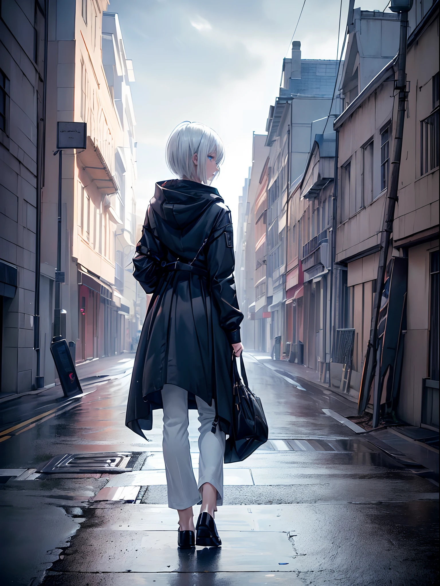 ((4K works))、​masterpiece、(top-quality)、One Beautiful Girl、Slim body、tall、((Black Y-shirt and white pants、Charming street style))、Please wear one jacket、Wearing a hood to hide his face、(Detailed beautiful eyes)、Midnight Walk、During the walk、((Walking under a dark sky))、saddened、suffocating、desolate、Solitude、((Pitch black night road))、((Face similar to Carly Rae Jepsen))、((Short-haired white hair))、((Smaller face))、((Neutral face))、((Bright blue eyes))、((American adult women))、((Adult female 26 years old))、((cool lady))、((Like a celebrity))、((Korean Makeup))、((elongated and sharp eyes))、((Happy dating))、((boyish))、Professional Photos、((Shot alone))、((He is on a walk))、((He is walking in front of the viewer))、((Shot so that the back of the head and back are visible))、((photographed from the back))、((He is facing forward and、I can't see my face))、horor