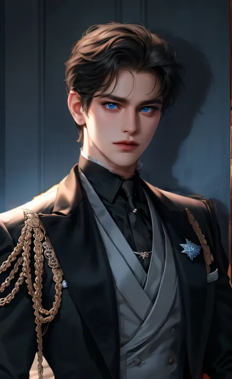 Black royal suit, deep blue eyes