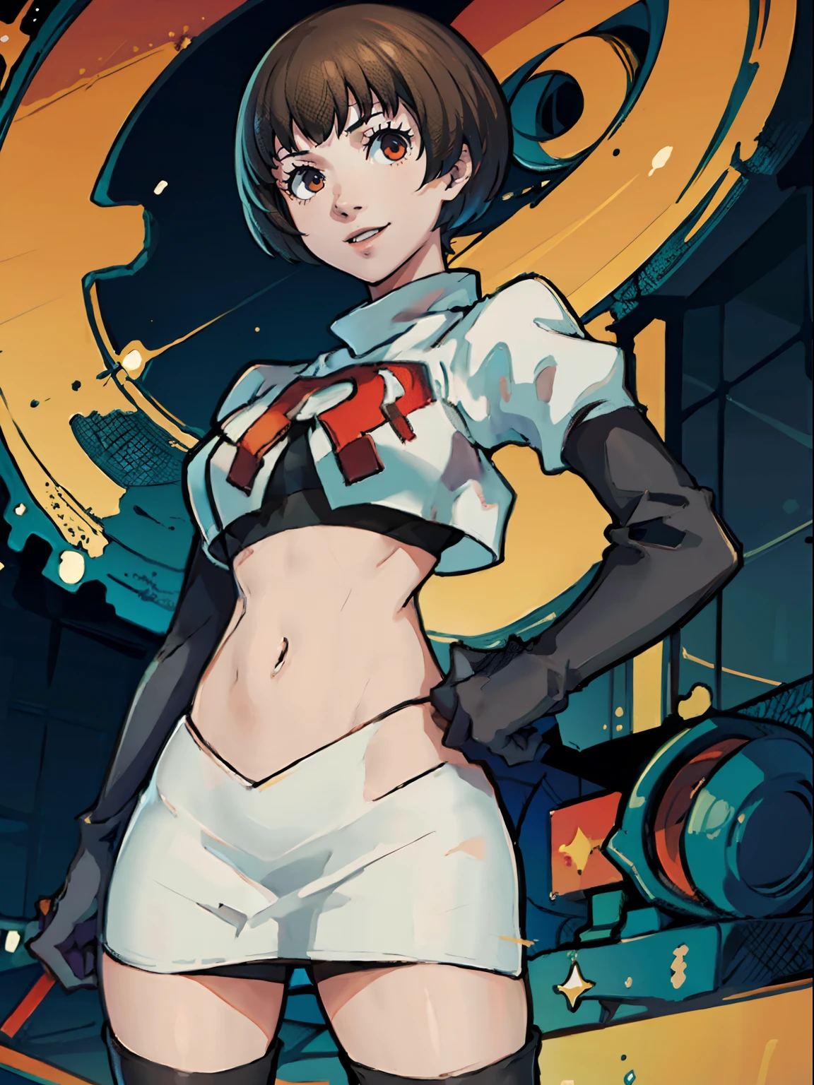 face of satonaka chie, 1girl,team rocket,team rocket uniform, red letter R, white skirt,white crop top,black thigh-highs,black elbow gloves, levil smile , one hand on hip