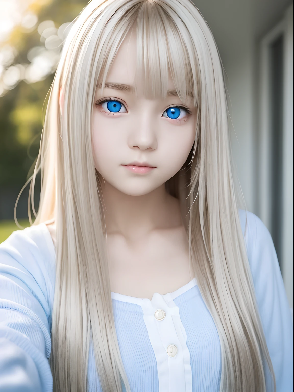 Sexy very beautiful face sexy 14 year old finnish cute girl、The long bangs that hang over the eyes are、Awakened super long silky blonde hair、very beautif、Glowing pale light blue eyes、student clothes、White shiny skin、Small face beauty、Large double eyelids、