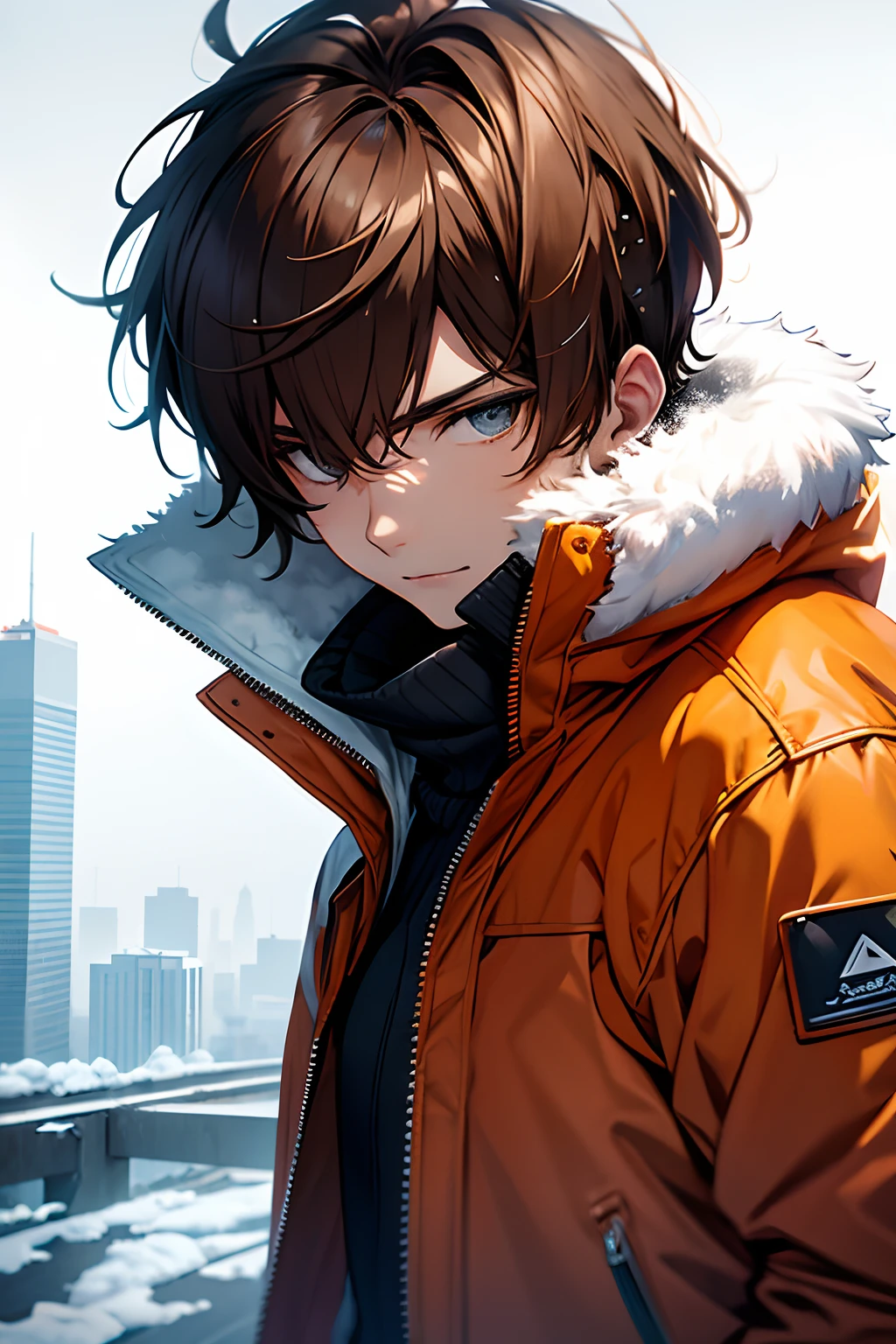 young man, brown hair, in one snow storm,  with orange jacket, big jacket, cold jacket, frost location, 4k