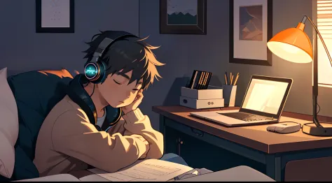 A little boy sits at his desk studying，Listen to music with headphones on，Relaxing and comfortable atmosphere in a night bedroom...