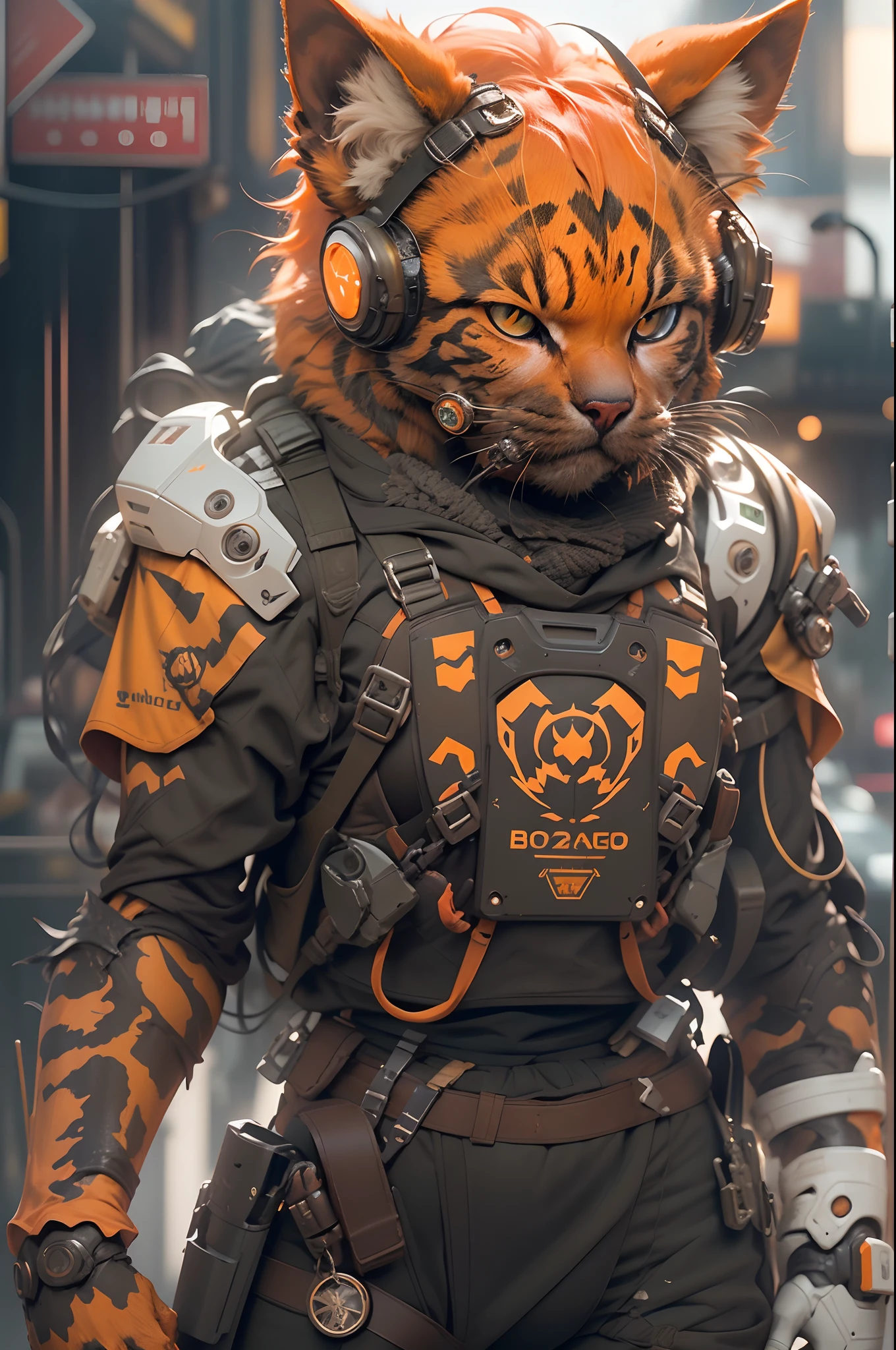 realistic orange cat wearing biohazard gas mask, futuristic gas mask, biohazard logo, tactical techwear, humanoid nano suit, vibrant color palette, dramatic lighting, highly detailed fur and eyes, 3D rendered illustration, high-res masterpiece:1.2, sci-fi concept art