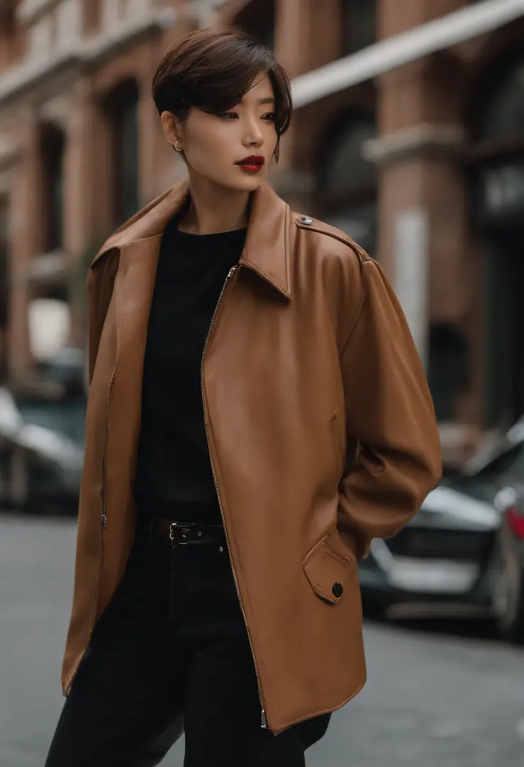 A woman wearing leather pants and a black jacket standing on a street -  SeaArt AI