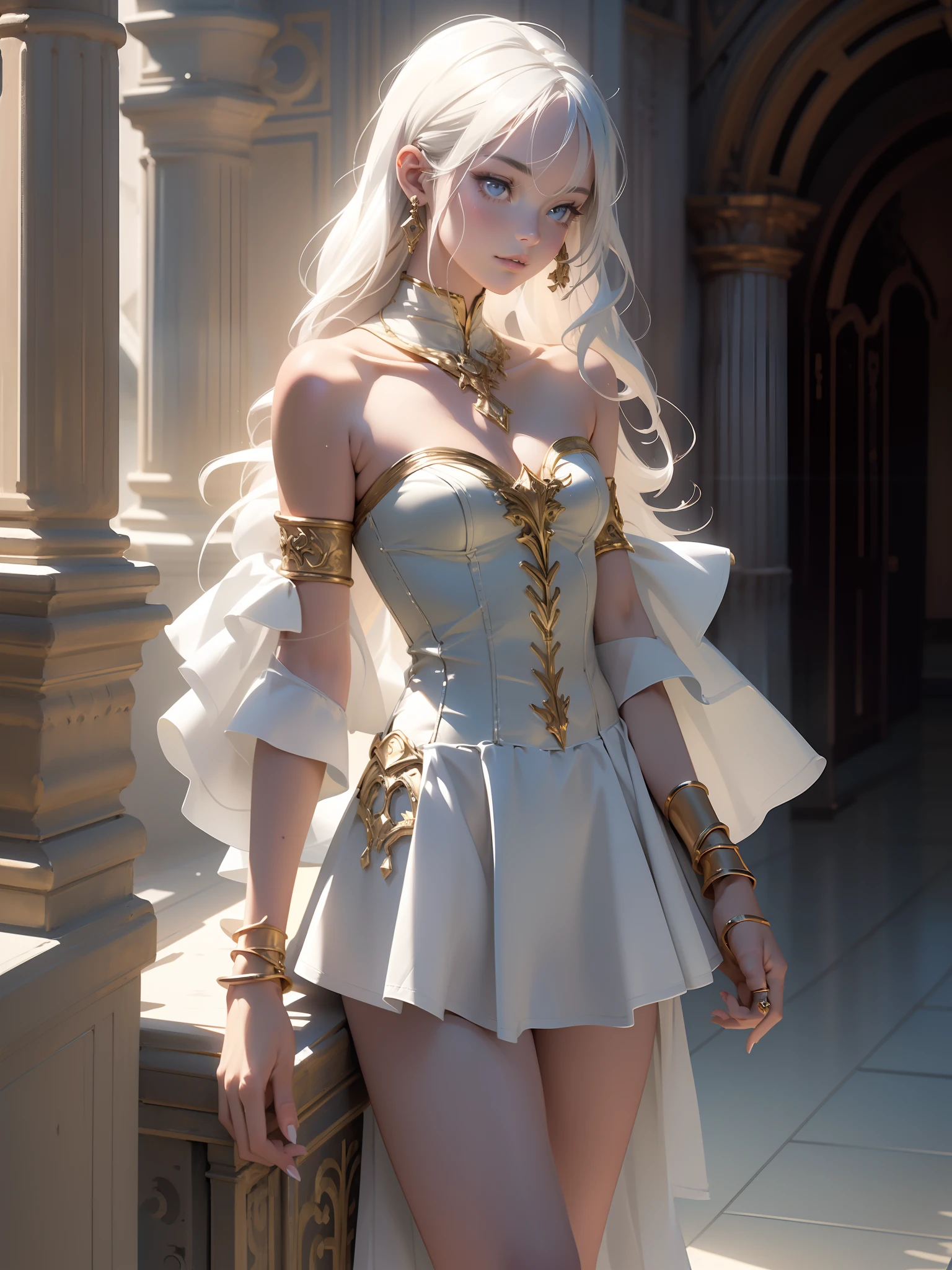 Cute girl in fantastic surroundings, with detailed armor and weapons, Rendered in high resolution with realistic textures, number of floors and lighting, makeup, mascara, The lips are soft or colored, plain black background, minimalism, monotonous, Simple color palettes, puro, Clear design, Flowing silhouettes, skirts, skirts, Simple dresses, Sbikini, asymmetric, geometric, Elegant and luxurious materials and design, simple, Minimum accessories, Necklaces and thin rings made of silver or gold, Simple bracelets, Distinctive design, Simple silhouettes, Simple and sophisticated style, elegance, minimalism, High-quality materials, haute couture, Simplicity and sophistication,