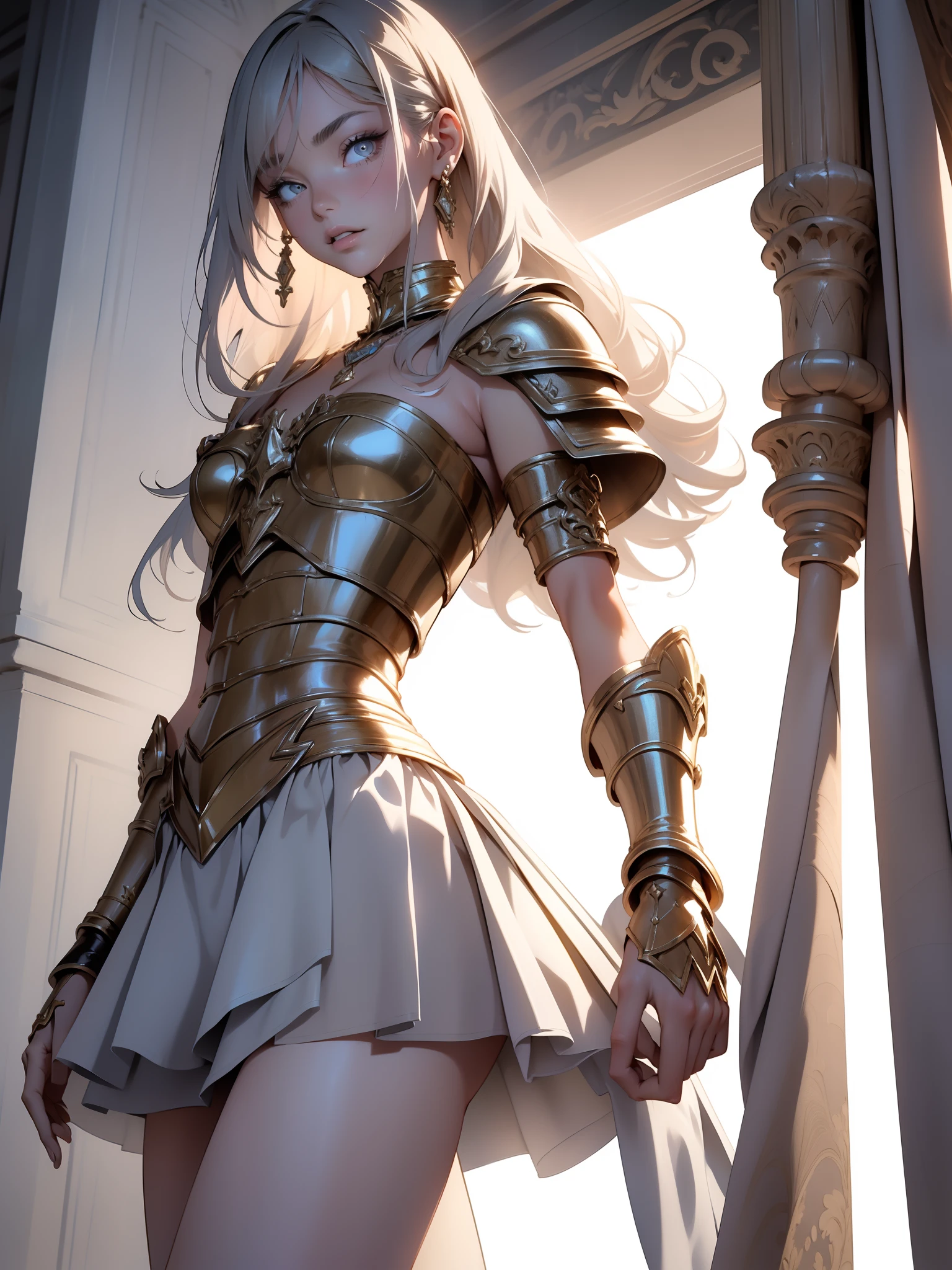 Cute girl in fantastic surroundings, with detailed armor and weapons, Rendered in high resolution with realistic textures, number of floors and lighting, makeup, mascara, The lips are soft or colored, plain black background, minimalism, monotonous, Simple color palettes, puro, Clear design, Flowing silhouettes, skirts, skirts, Simple dresses, Sbikini, asymmetric, geometric, Elegant and luxurious materials and design, simple, Minimum accessories, Necklaces and thin rings made of silver or gold, Simple bracelets, Distinctive design, Simple silhouettes, Simple and sophisticated style, elegance, minimalism, High-quality materials, haute couture, Simplicity and sophistication,