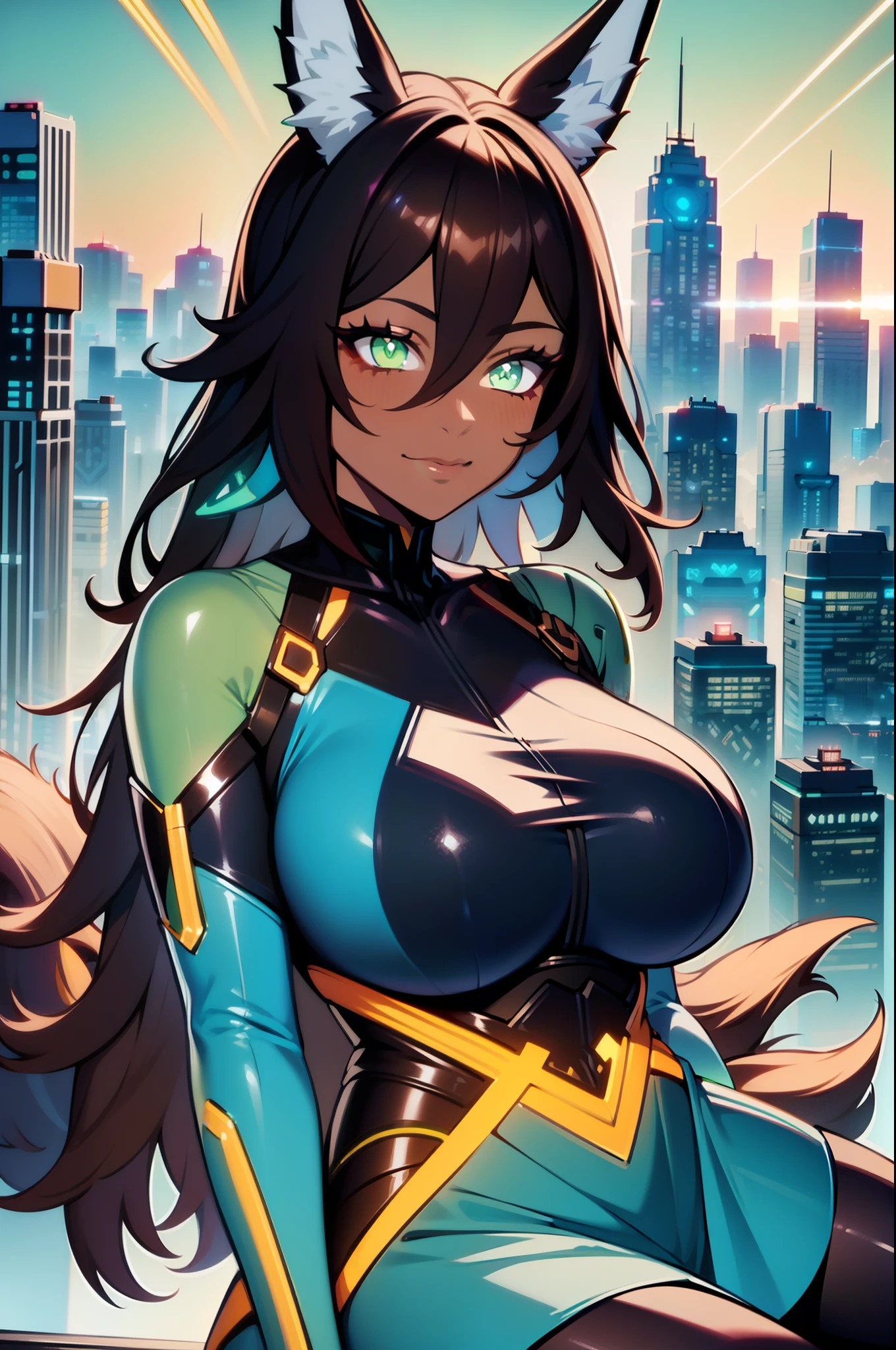 masterpiece, best quality, extremely detailed, anime art style, 1girl, mature femlae, solo, (dark brown skin:1.6), TingyunV4, (huge breasts:1.1), ((brown hair, long hair, green eyes, slit pupils, fox ears, fox tail)), parted lips, (((tronwear, green bodysuit))), light smile, (closed mouth), sitting on the rooftop, ((futuristic cityscape))