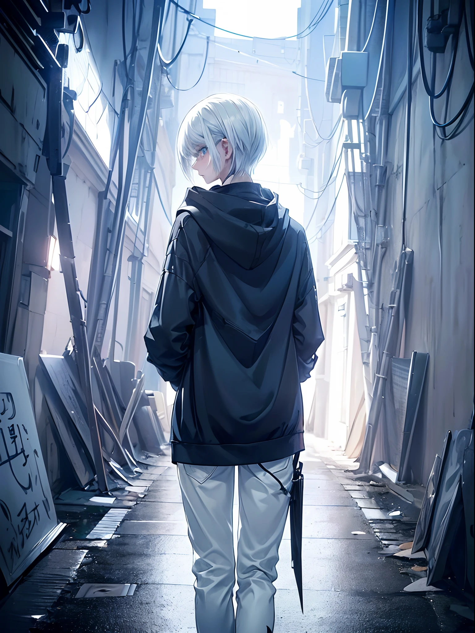 ((4K works))、​masterpiece、(top-quality)、One Beautiful Girl、Slim body、tall、((Black Y-shirt and white pants、Charming street style))、Please wear one jacket、Wearing a hood to hide his face、(Detailed beautiful eyes)、Midnight Walk、During the walk、((In a dark tunnel))、saddened、suffocating、desolate、solitude、((Pitch black night road))、((Face similar to Carly Rae Jepsen))、((Short-haired white hair))、((Smaller face))、((Neutral face))、((Bright blue eyes))、((American adult women))、((Adult female 26 years old))、((cool lady))、((Like a celebrity))、((Korean Makeup))、((elongated and sharp eyes))、((Happy dating))、((boyish))、Professional Photos、((Shot alone))、((He is on a walk))、((He is walking in front of the viewer))、((Shot so that the back of the head and back are visible))、((photographed from the back))、((He's looking forward.、I can't see my face))、horor、Sadness photo