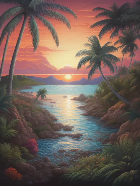 A sunset painting with palm trees and rocks, author：Joe Mangalum, style of tim hildebrandt, hildebrandt, Tropical landscape, Lau...