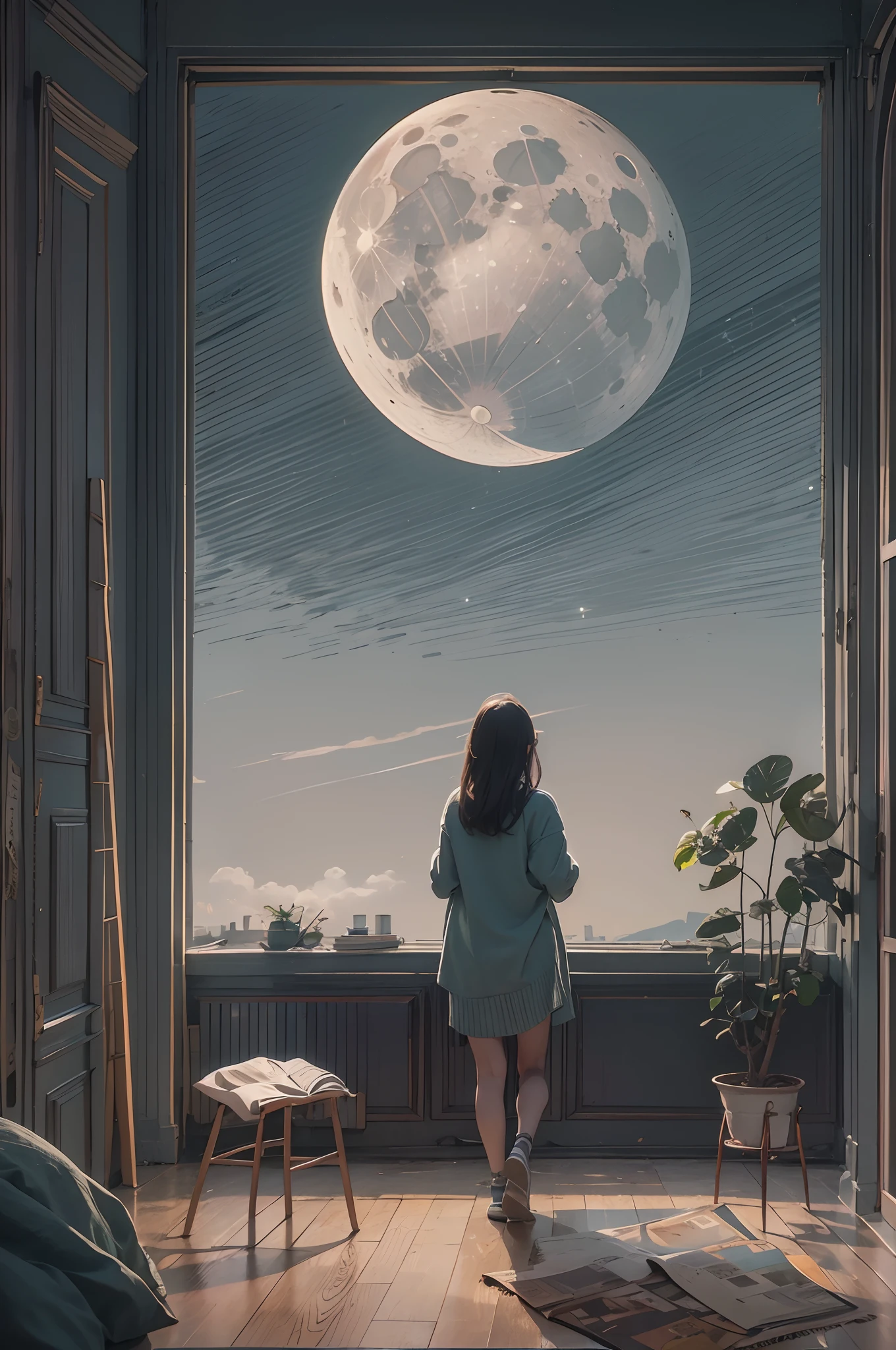 A woman watches the moon from her room.(flat tinted artwork)(stylish design )(top quality)(simple)(super flat)(contemporary art)(flat and many margins)