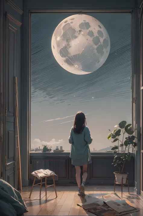 A woman watches the moon from her room.(flat tinted artwork)(stylish design )(top quality)(simple)(super flat)(contemporary art)...