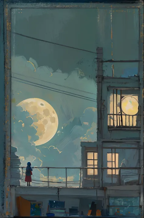 A woman watches the moon from her room.(contemporary art like a picture book )(flat oil painting)(simplified)(low saturation)(ou...