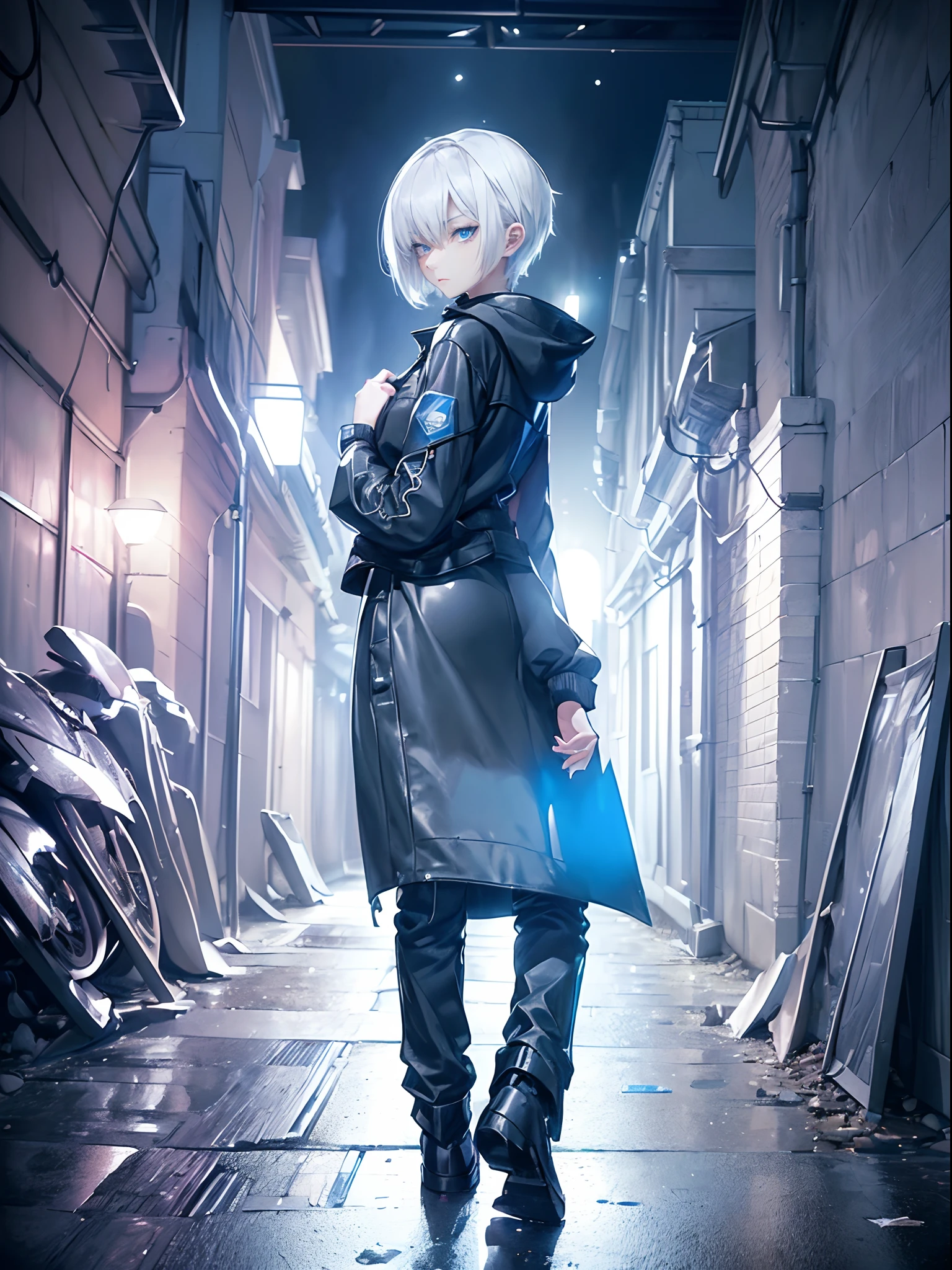 ((4K works))、​masterpiece、(top-quality)、One Beautiful Girl、Slim body、tall、((Black Y-shirt and white pants、Charming street style))、Please wear one jacket、Wearing a hood to hide his face、(Detailed beautiful eyes)、Midnight Walk、During the walk、((In a dark tunnel in the middle of the night))、saddened、suffocating、desolate、solitude、((Pitch black night road))、((Face similar to Carly Rae Jepsen))、((Short-haired white hair))、((Smaller face))、((Neutral face))、((Bright blue eyes))、((American adult women))、((Adult female 26 years old))、((cool lady))、((Like a celebrity))、((Korean Makeup))、((elongated and sharp eyes))、((Happy dating))、((boyish))、Professional Photos、((Shot alone))、((He is on a walk))、((He is walking in front of the viewer))、((Shot so that the back of the head and back are visible))、((photographed from the back))、((He's looking forward.、I can't see my face))、horor、Sadness photo