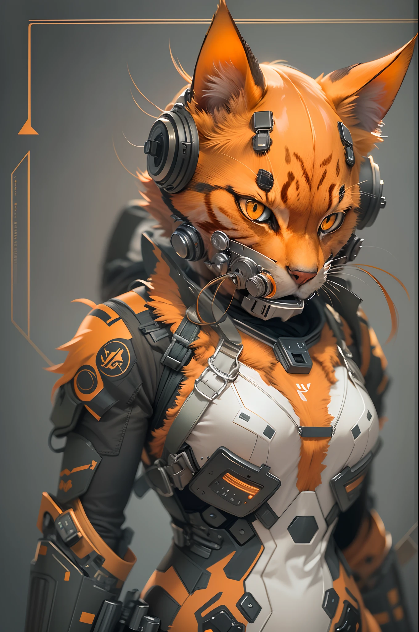 戴著生物危害防毒面具的現實橙色貓, 未來防毒面具, 生化危機標誌, 戰術科技服, 人形奈米套裝, 整潔漂亮的角色設計, 充滿活力的調色板, 戲劇性的燈光, 非常細緻的皮毛和眼睛, 3D 渲染插圖, 高解析度傑作:1.2, 科幻概念藝術