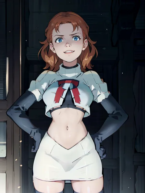 face of annette_war, 1girl,team rocket,team rocket uniform, red letter R, white skirt,white crop top,black thigh-highs,black elbow gloves, looking down on you, sinister smile, hands on hips, looking at viewer, evil laugh
