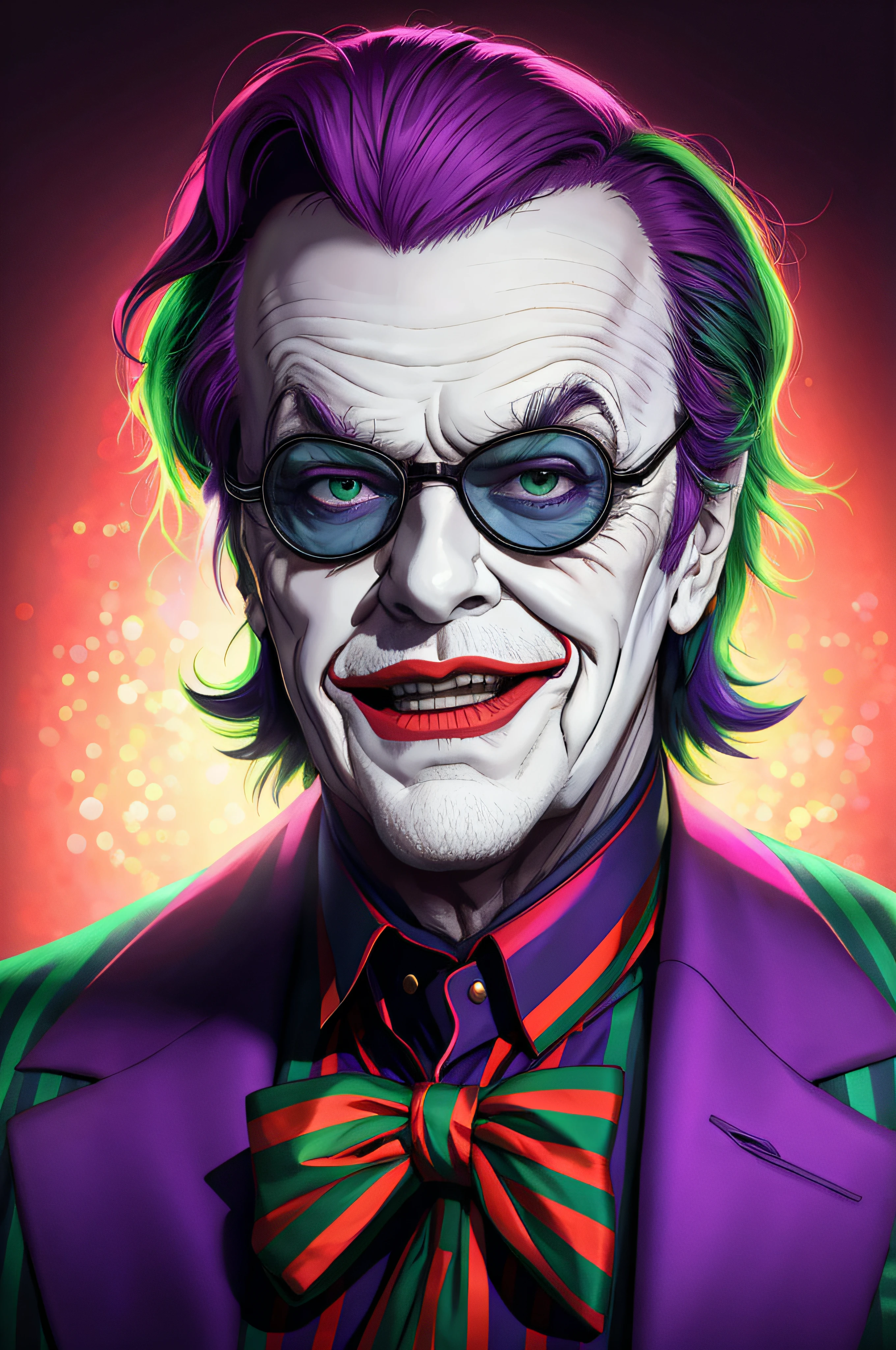 Jack Nicholson como o coringa, Cabelo roxo (verde retroiluminado), jaqueta listrada verde, camisa listrada, gravata borboleta, óculos de lente azul