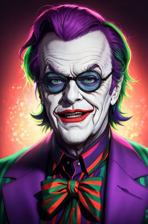 Jack Nicholson as the joker, purple hair (backlit green), green striped jacket, striped shirt, bowtie, blue lens glasses