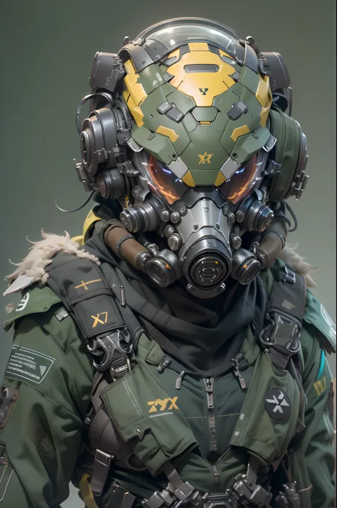 realistic predator x wearing biohazard gas mask, futuristic gas mask, mecha helmet, biohazard logo, tactical techwear, humanoid nano suit, neat and nice character design, vibrant color palette, dramatic lighting, highly detailed fur and eyes, 3D rendered i...