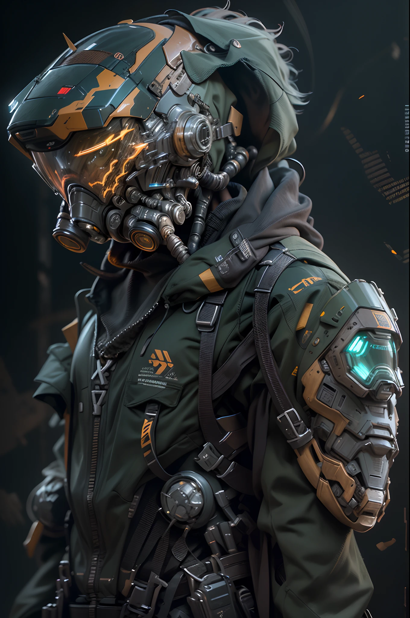 realistic predator x wearing biohazard gas mask, futuristic gas mask, mecha helmet, biohazard logo, tactical techwear, humanoid nano suit, neat and nice character design, vibrant color palette, dramatic lighting, highly detailed fur and eyes, 3D rendered illustration, high-res masterpiece:1.2, sci-fi concept art