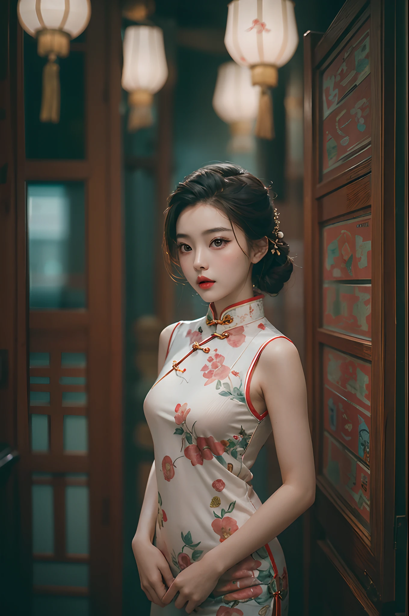 (masterpiece), (best quality), (perfect body), 1girl, stunning beauty, beautiful girl, 40s Shanghai style, cheongsam, cinematic, film photography, old film color, Fujifilm, indoor, posing
