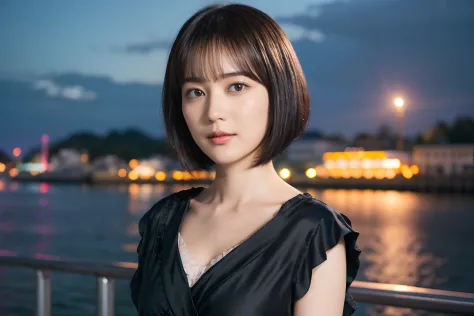 41
(Airy wavy short bob cut:1.23), (a 25yo woman), (A hyper-realistic), (masutepiece), (8KUHD), Being in the harbor at night, Me...