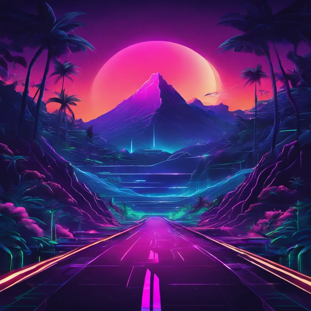 retro wave, road, jungle, dark blue and green neon lights, moon, mountain, night sky, futuristic, (masterpiece, ultra detailed, high resolution)