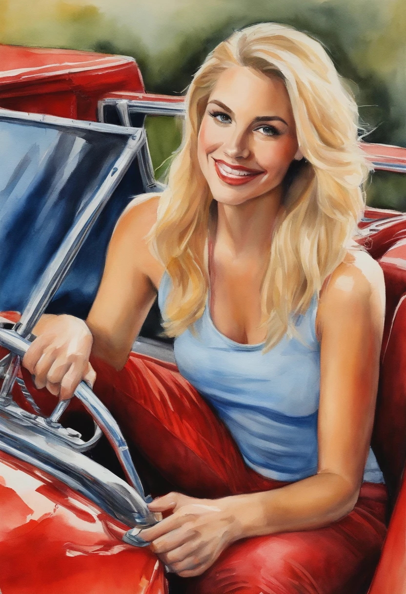 Painting of a woman sitting in a red car with a steering wheel - SeaArt AI