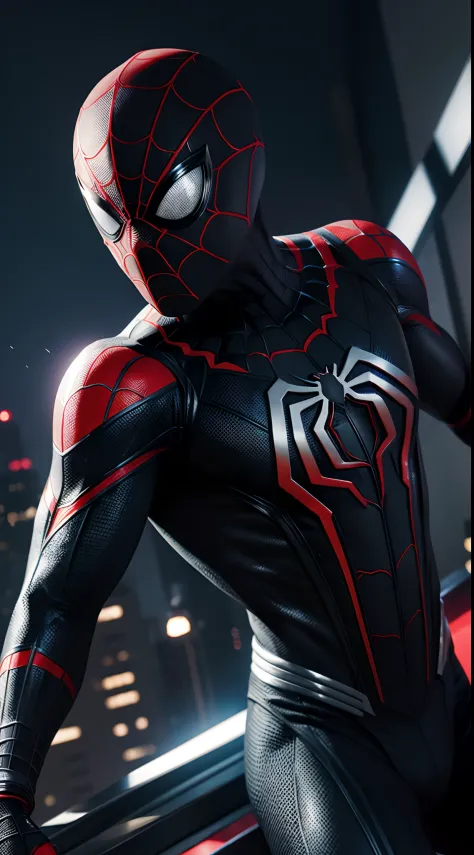Miles Morales uniforme Black Spider-Man Marvel, 35mm lens, photography, ultra details, HDR, UHD,8K