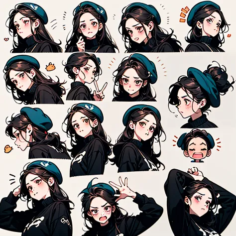 Cute girl avatar，emoji pack，（beret），(9 emojis，emoji sheet，Align arrangement)，9 poses and expressions（Grieving，astonishment，having fun，excitement，big laughter，Angry，doubt，Touch your head，Sell moe, wait），Anthropomorphic style，Disney style，Black strokes，Diffe...