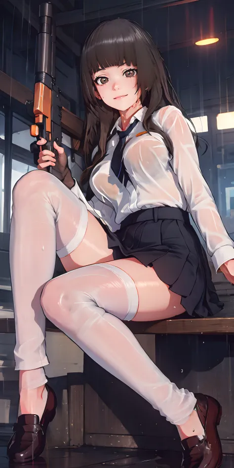 girls und panzer, nishizumi shiho, (long hair, black hair:1.6), weapon, 1girl, gun, wet, see-through, shoes, skirt, thighhighs, solo, breasts, necktie, white_legwear, holding_weapon, loafers, brown_footwear,  looking_at_viewer, holding, holding_gun, bullpu...