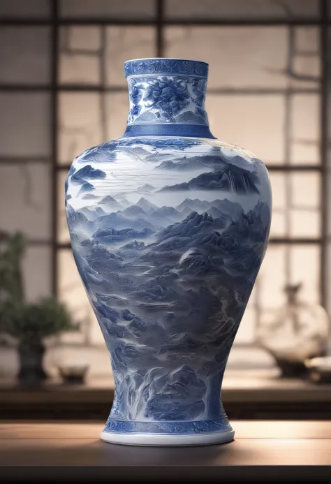 Blue and white porcelain,Ceramic material，drinking glass，On a table，Embossed Chinese landscape，artwork of a，Ornaments， high detail,3D， Chiaroscuro, Cinematic lighting, god light, Cinematic lighting, hyper HD, High details, Best quality, A high resolution, ...