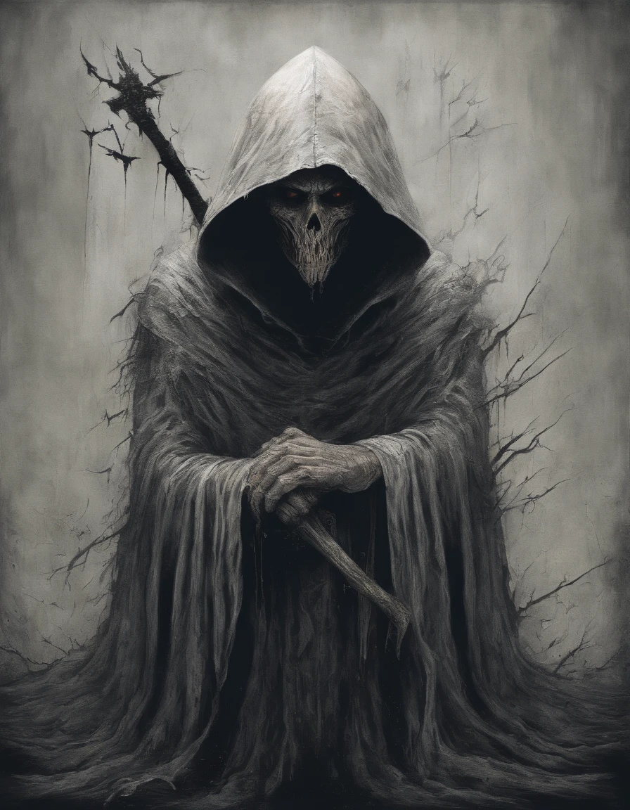 A black and white drawing of a grimy man with a scythe - SeaArt AI